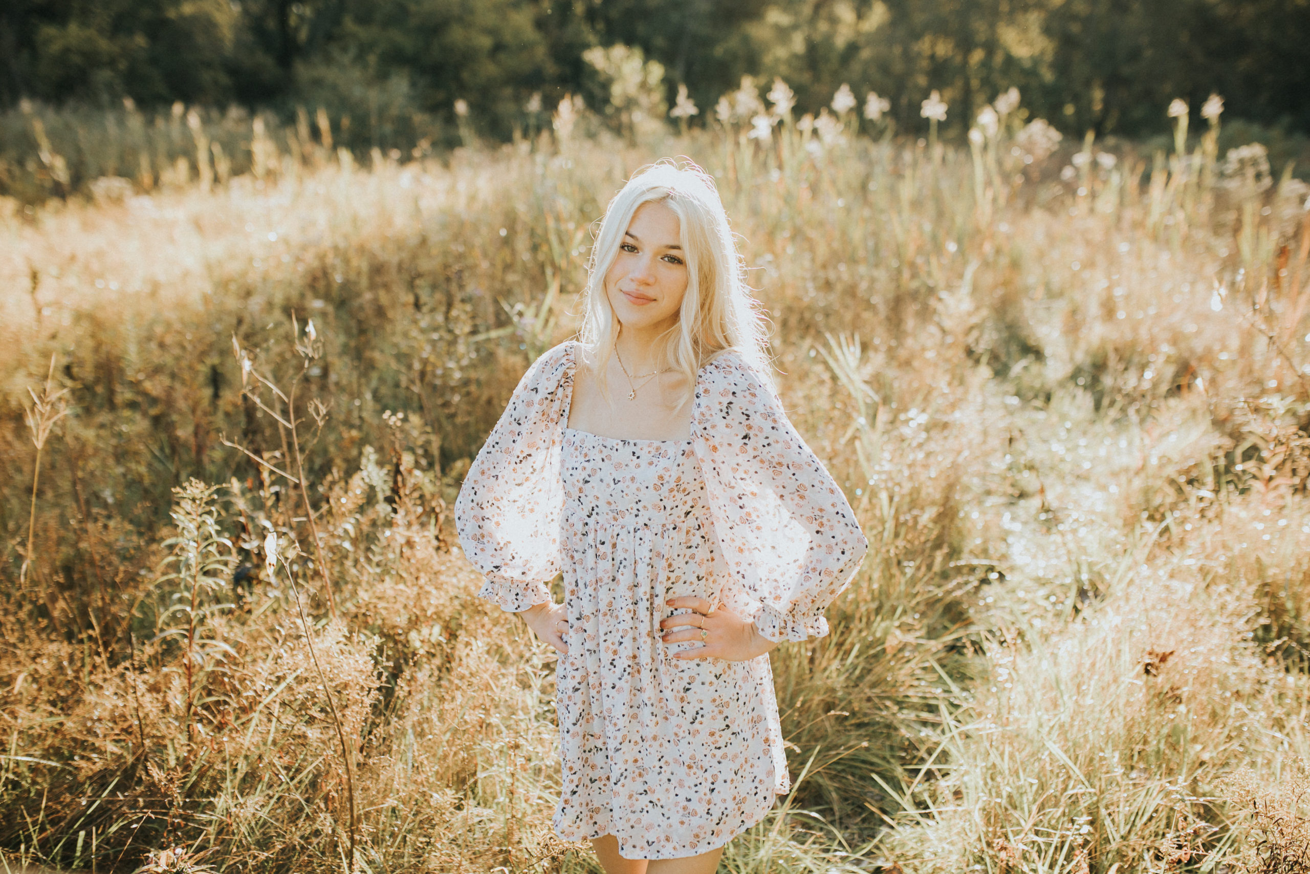 senior photo shoot at cuyahoga valley national park with a strongsville senior in a field wearing a pretty floral dress